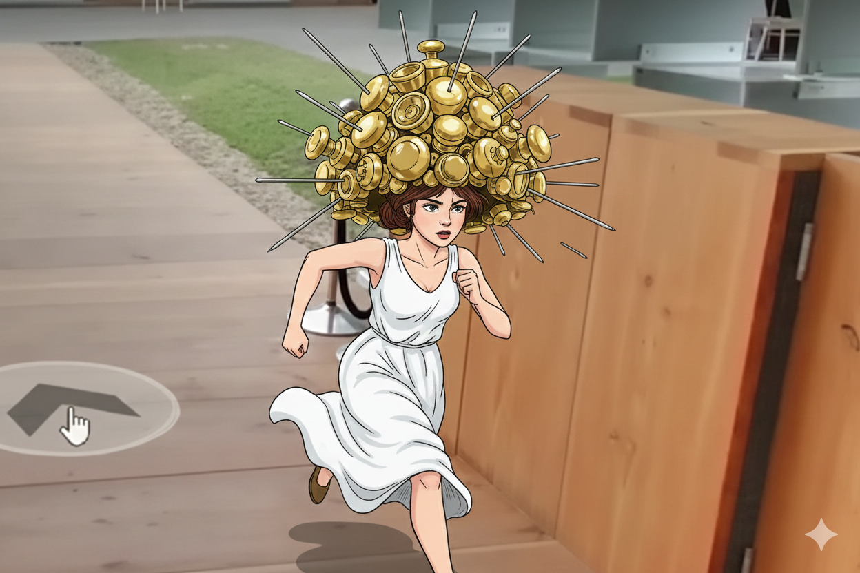 Eve wearing doorknob hat, pins running – norepinephrine